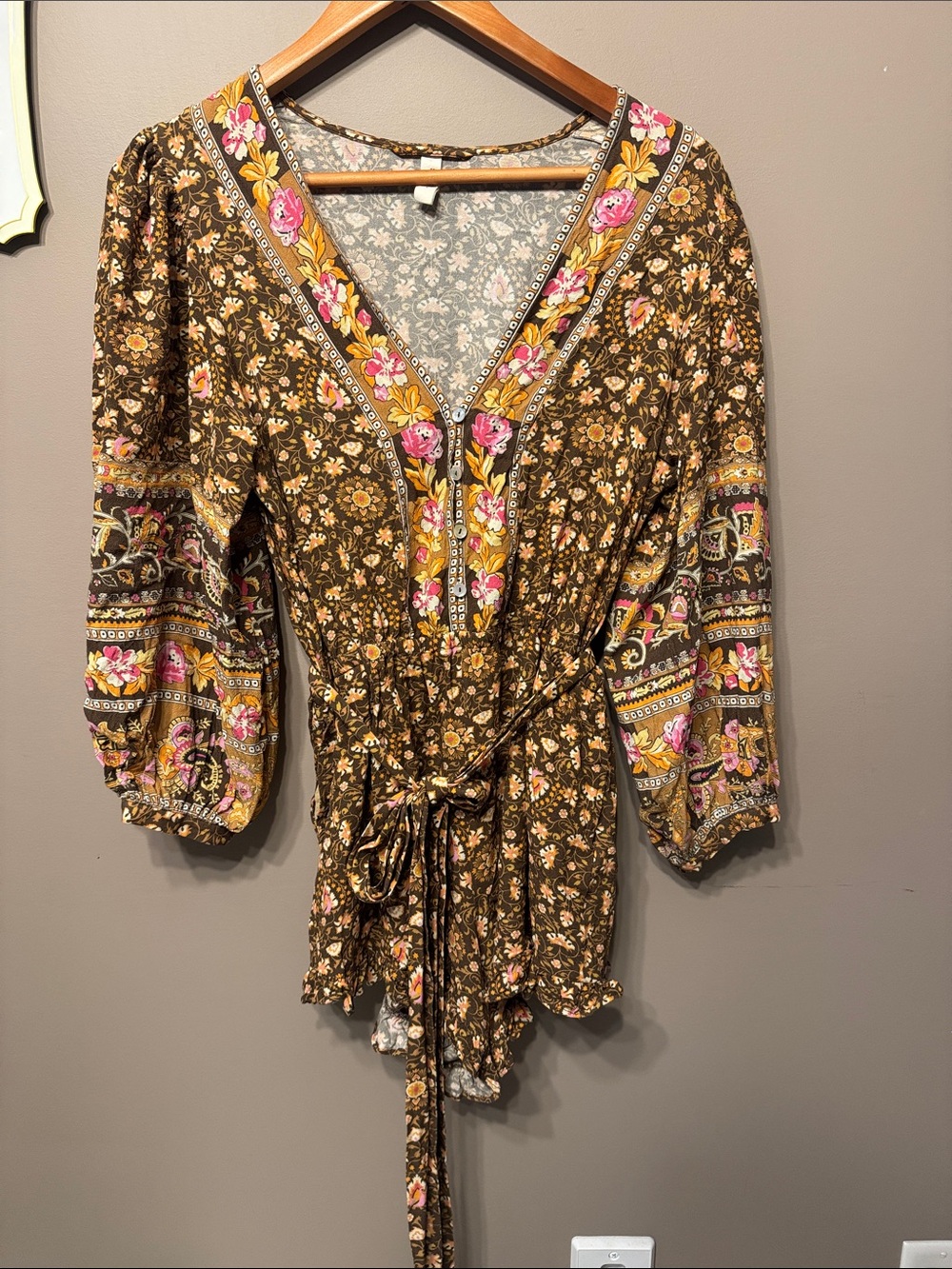 Spell Brown Floral Boho Romper with Pink & Yellow Embroidered Trim